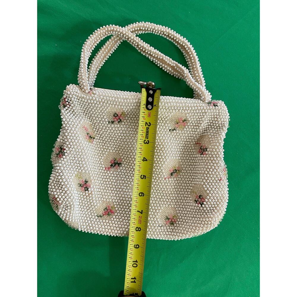 Vintage 1950’s Corde Bead Lumured Ivory Floral Clutch Handbag Purse With Handle - Picture 8 of 10